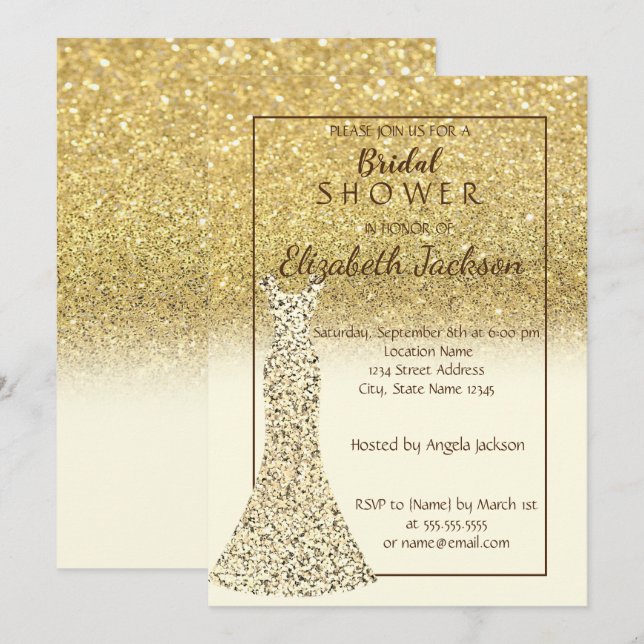 Invitación Elegante Purpurina de Bokeh de Oro, ducha de novia (Anverso / Reverso)