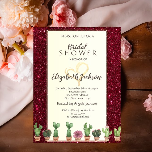 Invitación Elegante Purpurina de Borgoña Cactus Bridal Shower (Subido por el creador)