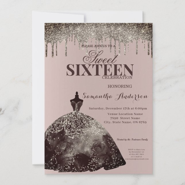 Invitación Elegante Purpurina de Borgoña Chispa Dulce 16 Cump (Anverso)
