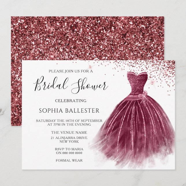 Invitación Elegante Purpurina de Borgoña Ducha de Novias (Anverso / Reverso)