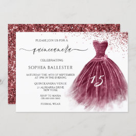 Invitación Elegante Purpurina de Borgoña Gown Quinceanera Fie