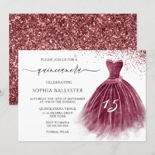 Invitación Elegante Purpurina de Borgoña Gown Quinceanera Fie