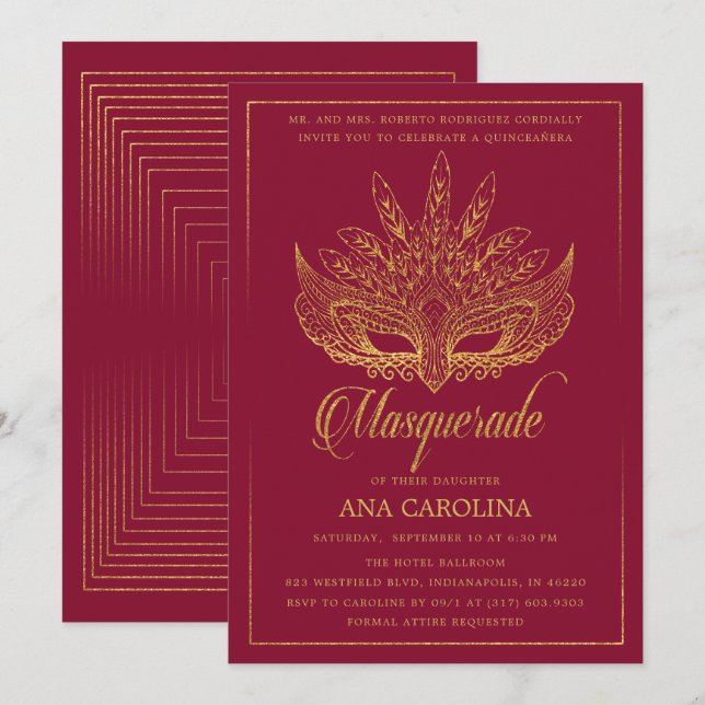 Invitación Elegante Purpurina de Borgoña Masquerade Quinceañe (Anverso / Reverso)