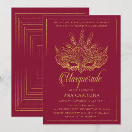 Invitación Elegante Purpurina de Borgoña Masquerade Quinceañe