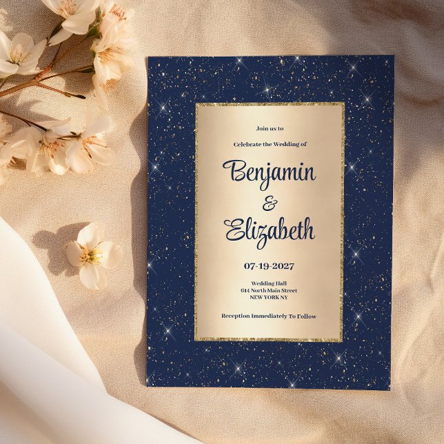 Invitación Elegante purpurina de confeti azul marino Boda (Elegant navy blue gold glitter confetti Wedding )