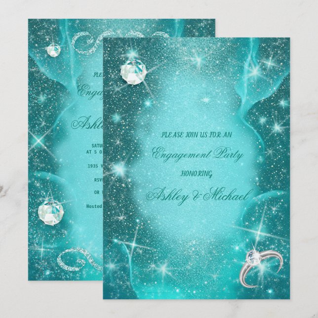 Invitación elegante purpurina de diamantes de color turquesa  (Anverso / Reverso)