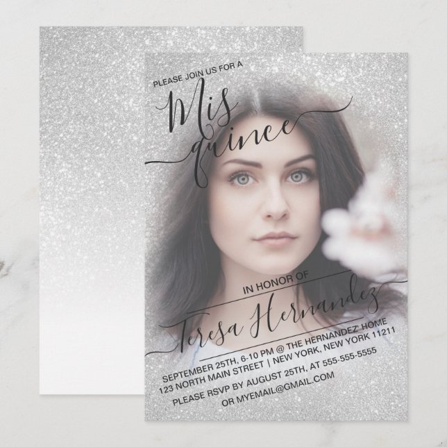 Invitación Elegante Purpurina de espárragos blancos foto Quin (Anverso / Reverso)