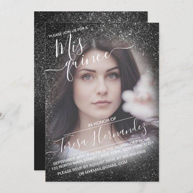 Invitación Elegante Purpurina de espárragos negros Foto Quinc (Anverso / Reverso)