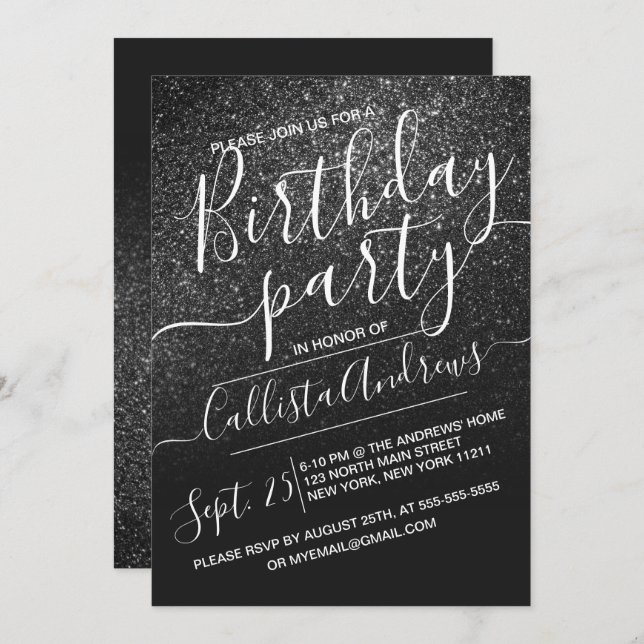 Invitación Elegante Purpurina de espárragos negros Ombre Cump (Anverso / Reverso)