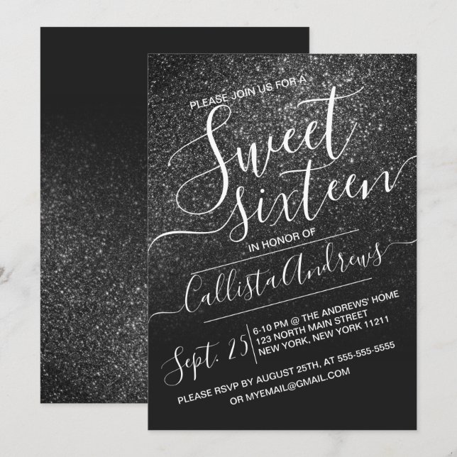Invitación Elegante Purpurina de espárragos negros Ombre Swee (Anverso / Reverso)
