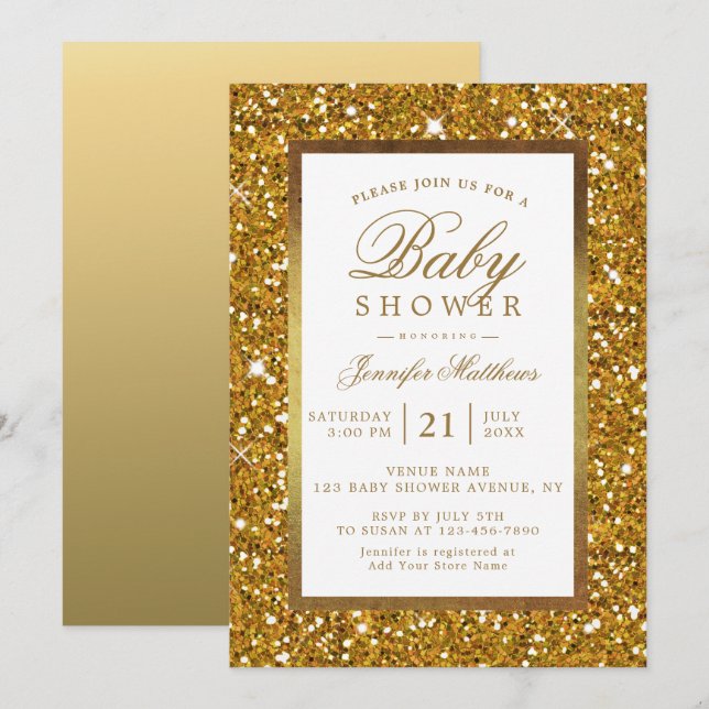Invitación Elegante Purpurina de Faux Gold Invite a Baby Show (Anverso / Reverso)