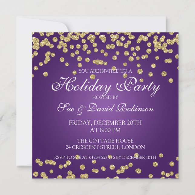 Invitación Elegante Purpurina de Fiesta Dorada Confetti Purpl (Anverso)