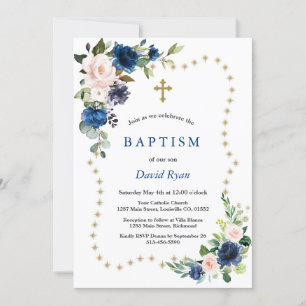 Invitación Elegante Purpurina de flores azules doradas esparc