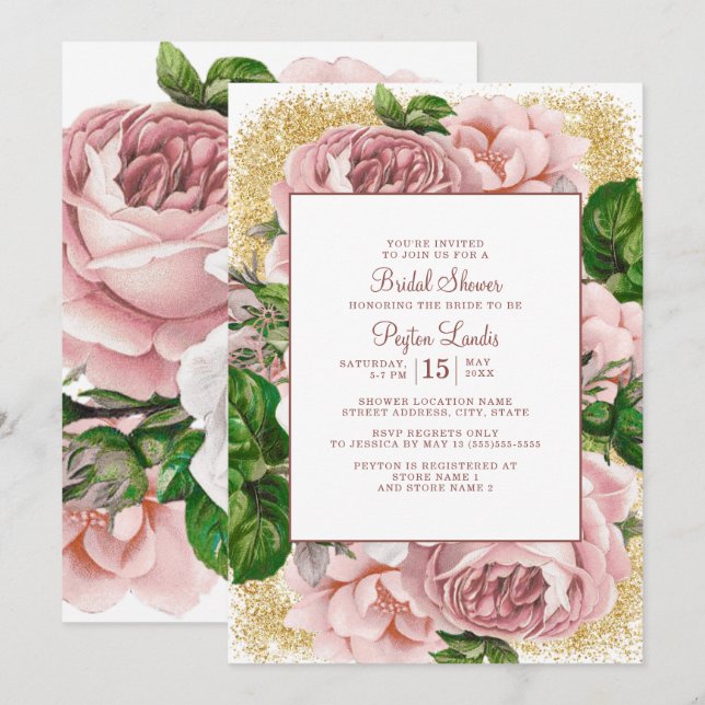 Invitación Elegante Purpurina de flores rosadas doradas ducha (Anverso / Reverso)