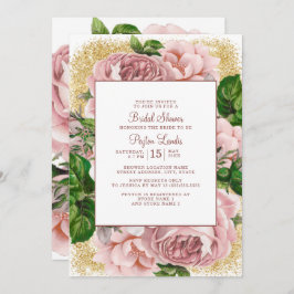 Invitación Elegante Purpurina de flores rosadas doradas ducha