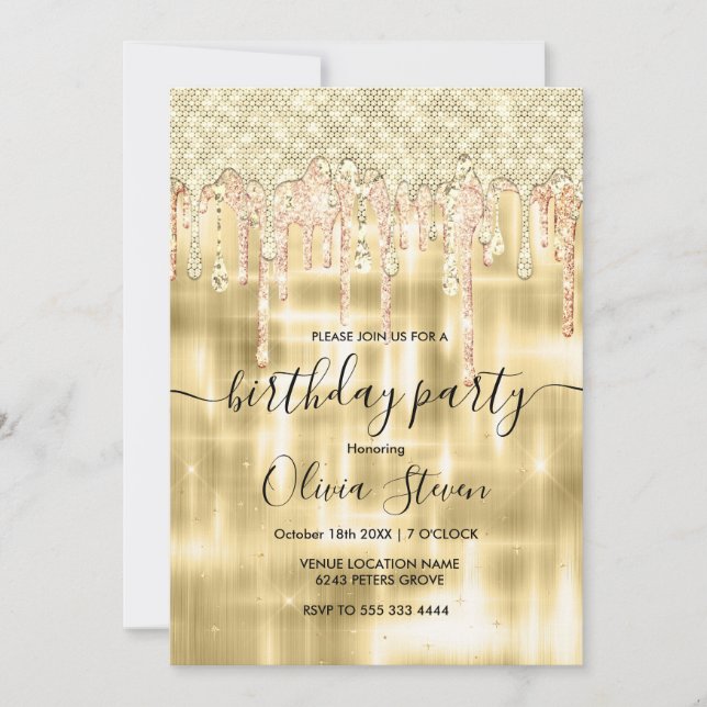 Invitación Elegante purpurina de goteo de oro cualquier monog (Anverso)