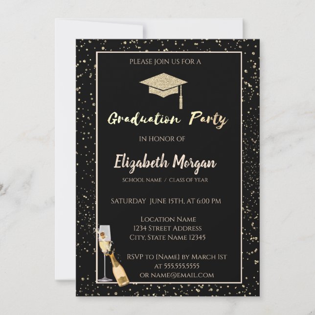 Invitación Elegante Purpurina de Graduación Cap, Confetti, Vi (Anverso)
