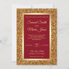 Invitación Elegante Purpurina de Hoja de Oro Falso Rojo Grana