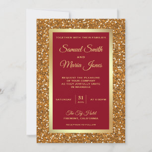 Invitación Elegante Purpurina de Hoja de Oro Falso Rojo Grana