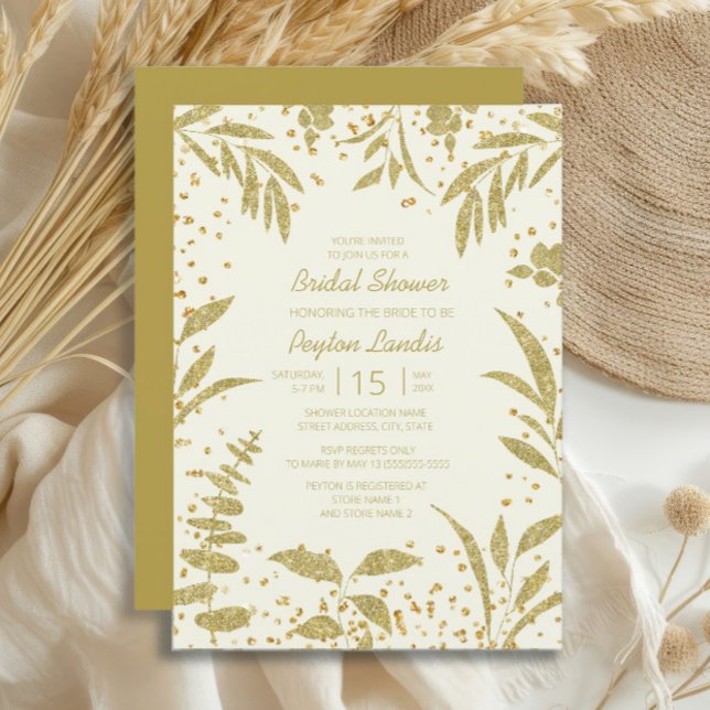Invitación Elegante Purpurina de hojas de oro crema ducha de  (Gold leaves on cream-colored bridal shower invitation)