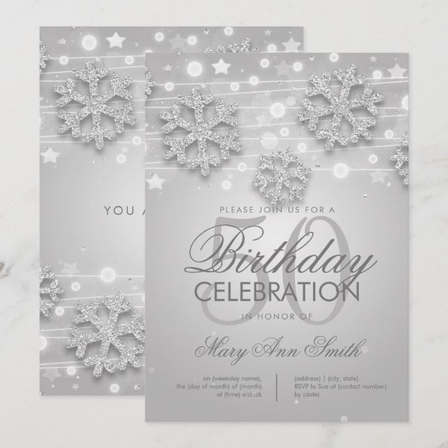 Invitación Elegante Purpurina de Invierno de Fiesta de Cumple (Anverso / Reverso)