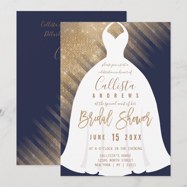 Invitación Elegante Purpurina de la Marina Azul Oro Vestido D (Anverso / Reverso)