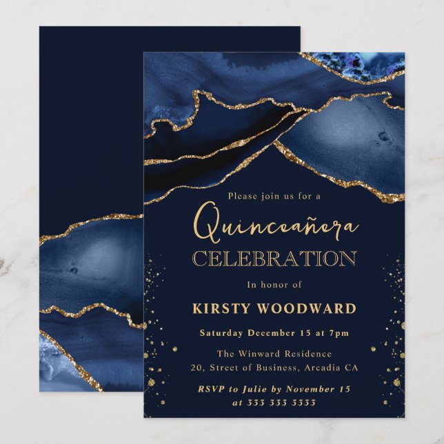 Invitación Elegante Purpurina de la Marina Azul y Oro Agate Q (Anverso / Reverso)