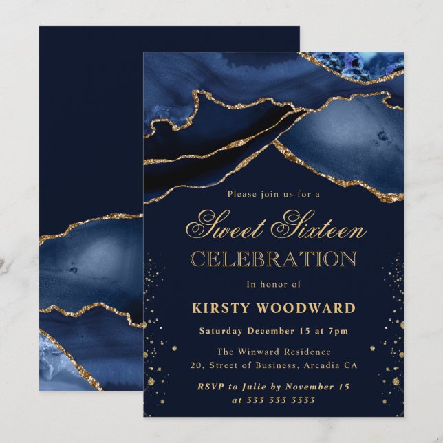 Invitación Elegante Purpurina de la Marina Azul y Oro Agate S (Anverso / Reverso)
