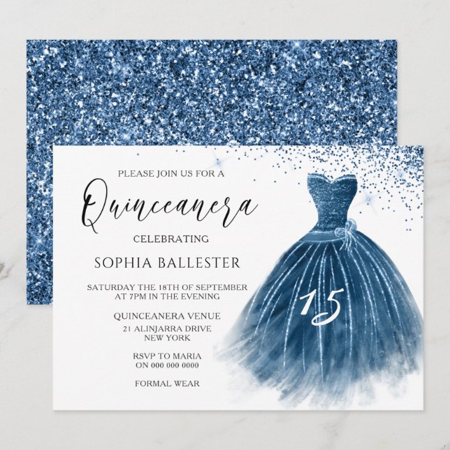 Invitación Elegante Purpurina de la Marina Indigo Gown Quince (Anverso / Reverso)