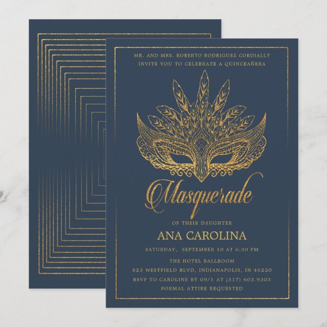 Invitación Elegante Purpurina de la Marina Oro Mascarada Quin (Anverso / Reverso)
