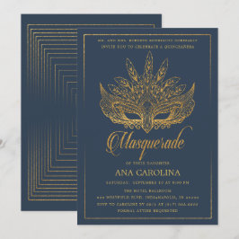 Invitación Elegante Purpurina de la Marina Oro Mascarada Quin