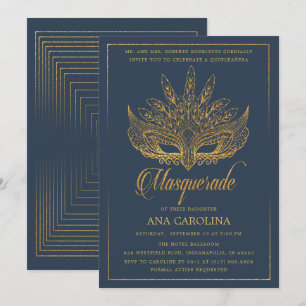 Invitación Elegante Purpurina de la Marina Oro Mascarada Quin