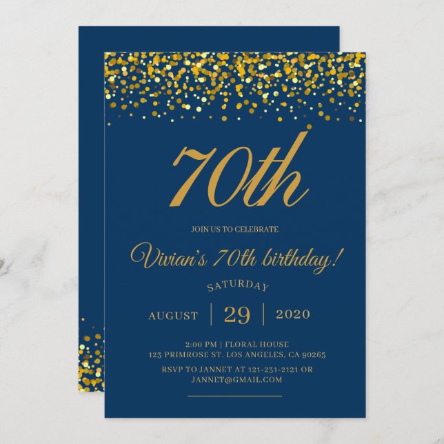 Invitación Elegante Purpurina de la Marina Real Azul y Oro Cu (Anverso / Reverso)