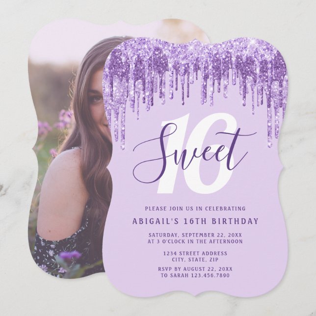 Invitación Elegante purpurina de lavanda gotea dulces diecisé (Anverso / Reverso)