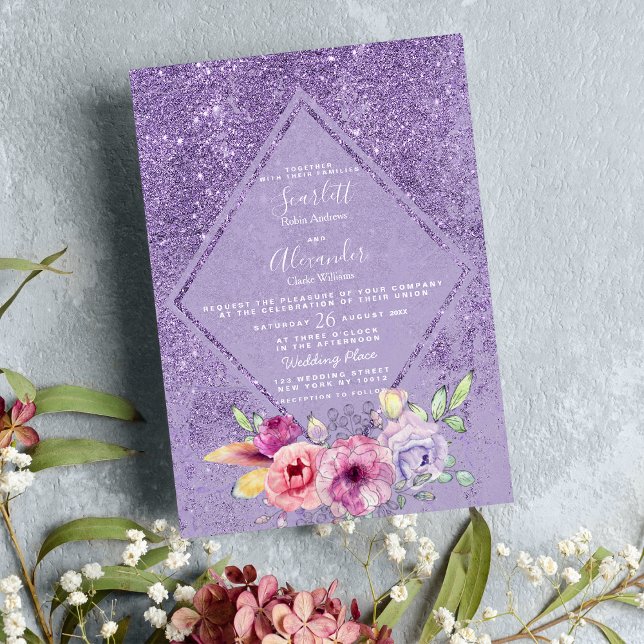 Invitación Elegante purpurina de lavanda rosa Boda floral (Elegant pink lavender glitter floral Wedding )