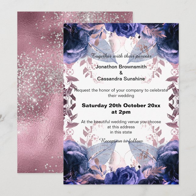 INVITACIÓN ELEGANTE PURPURINA DE LILAC FLORAL NAVY BODA (Anverso / Reverso)