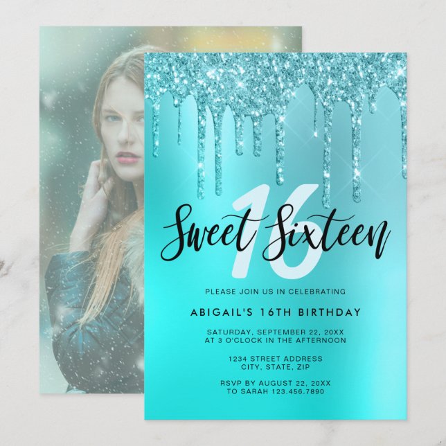 Invitación Elegante purpurina de menta acuática gotea dulces  (Anverso / Reverso)