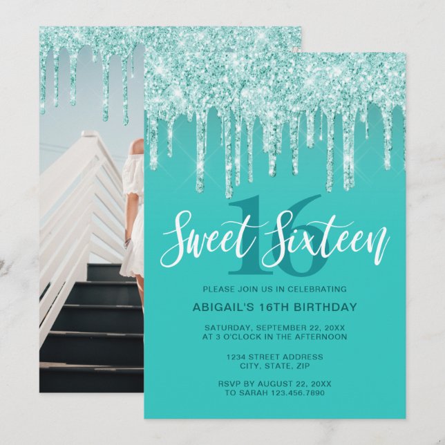 Invitación Elegante purpurina de menta acuática gotea dulces  (Anverso / Reverso)