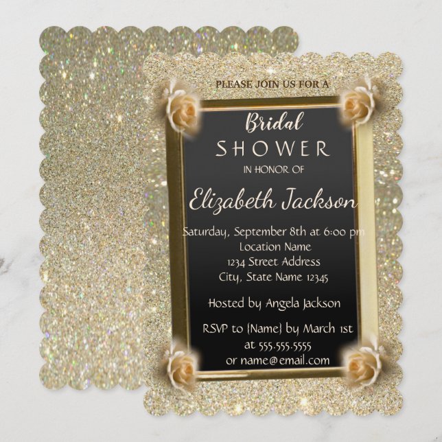 Invitación Elegante Purpurina de Moda, Rosas Ducha Bridal (Anverso / Reverso)