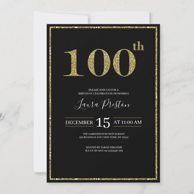 Invitación Elegante Purpurina de Oro 100 cumpleaños (Anverso)