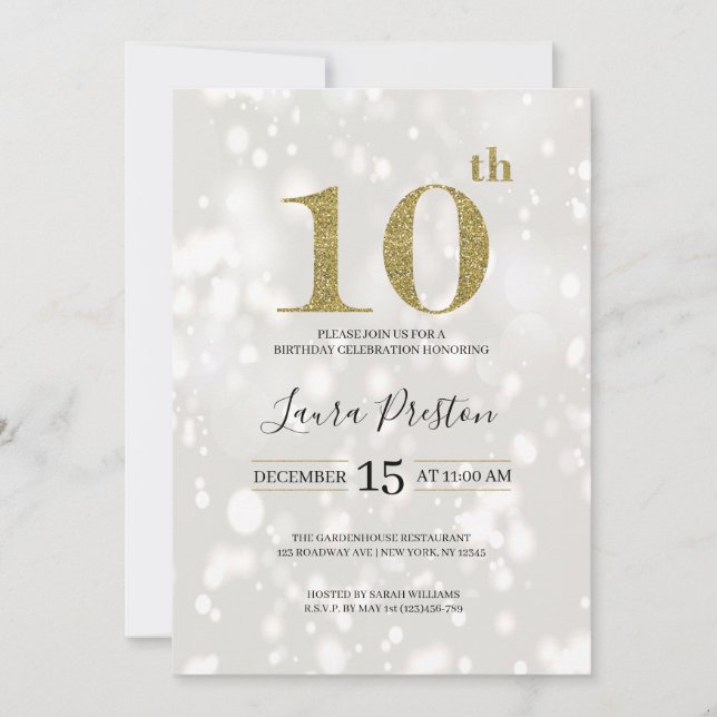 Invitación Elegante Purpurina de Oro 10 cumpleaños (Anverso)