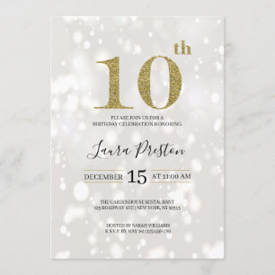 Invitación Elegante Purpurina de Oro 10 cumpleaños