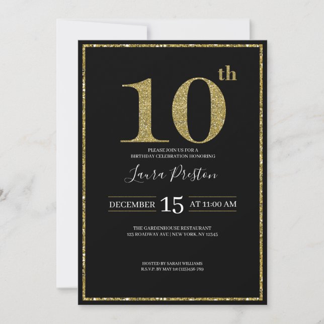 Invitación Elegante Purpurina de Oro 10 cumpleaños (Anverso)