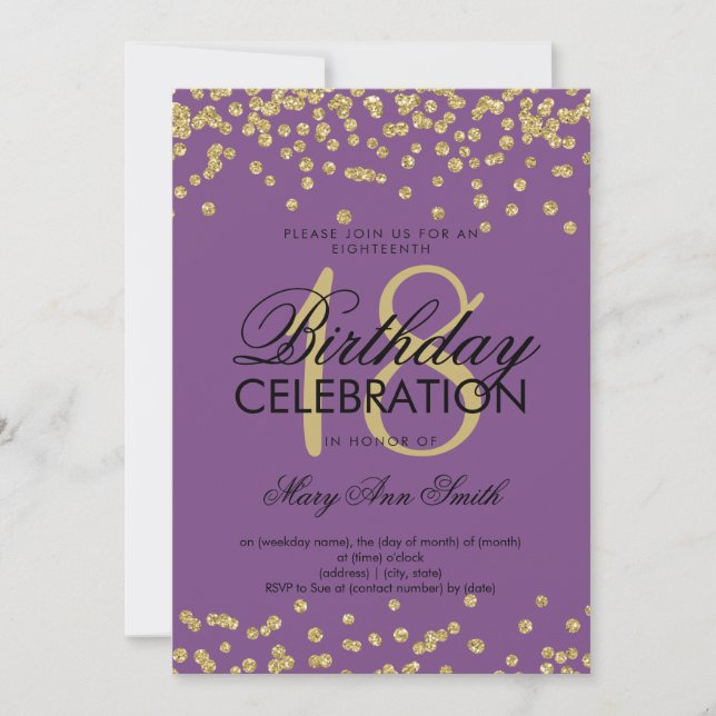 Invitación Elegante Purpurina de oro 18 cumpleaños Confetti m (Anverso)