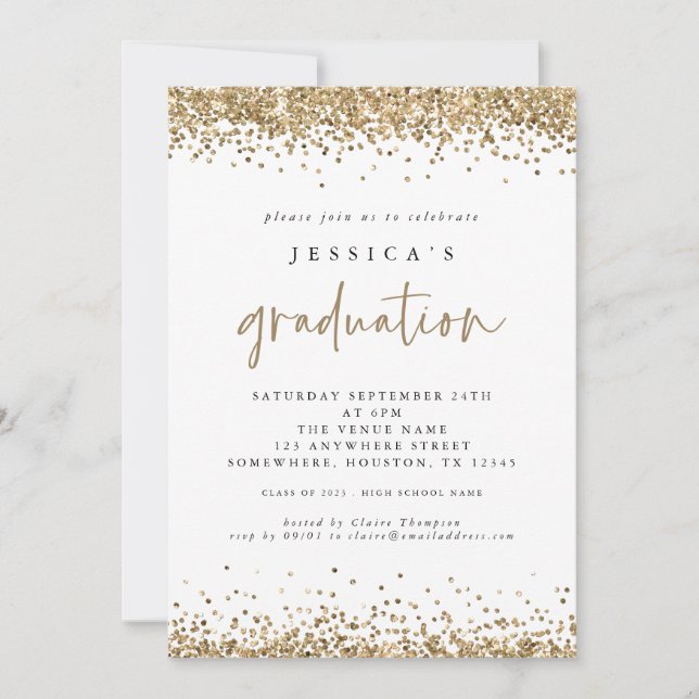 Invitación Elegante Purpurina de Oro 2024 Graduación Blanco (Anverso)