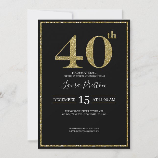 Invitación Elegante Purpurina de Oro 40 cumpleaños (Anverso)