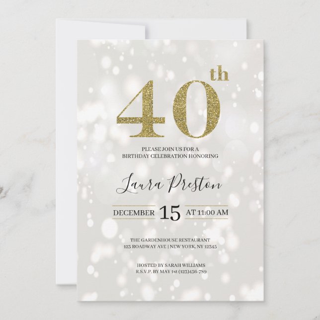 Invitación Elegante Purpurina de oro 40 cumpleaños (Anverso)