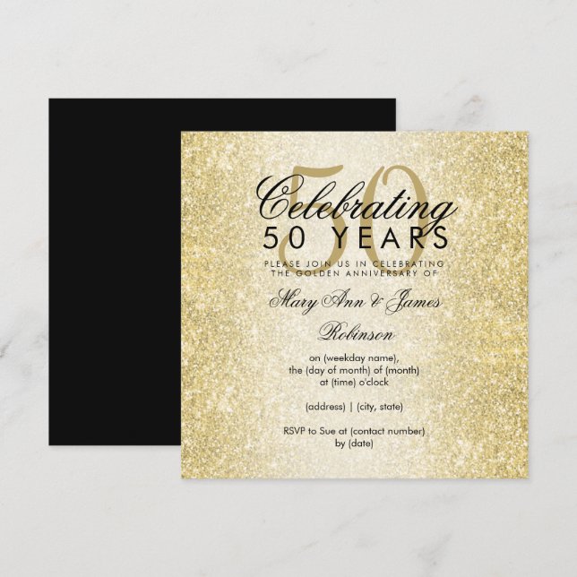 Invitación Elegante Purpurina de Oro 50 Aniversario Boda (Anverso / Reverso)