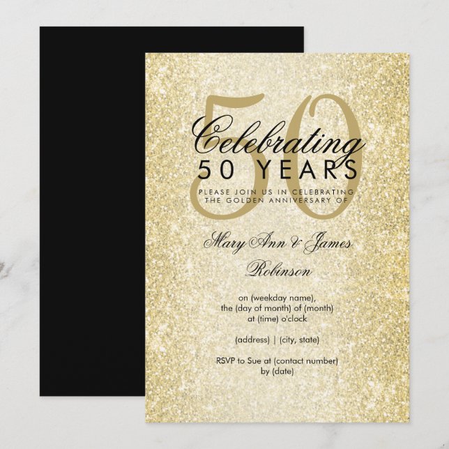 Invitación Elegante Purpurina de Oro 50 Aniversario Boda (Anverso / Reverso)