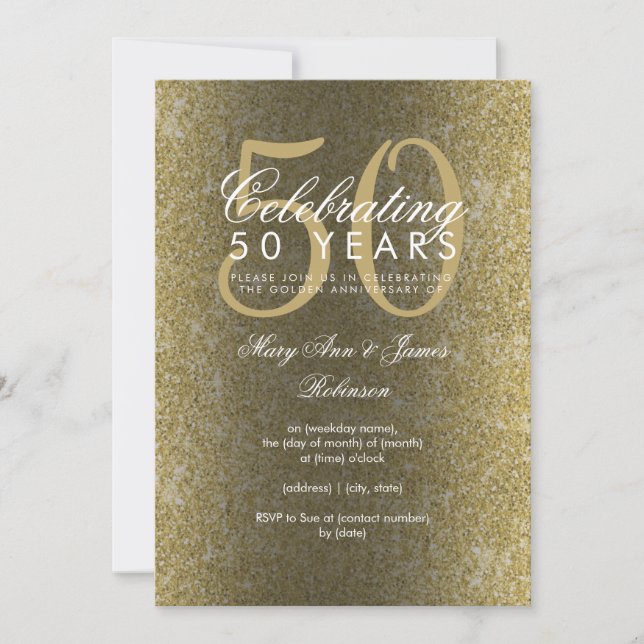 Invitación Elegante Purpurina de Oro 50 Aniversario Boda (Anverso)